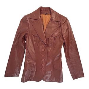 Vtg 70s Leather Red Brown Leather Fitted Jacket Lined Pockets Women’s Size 7/8